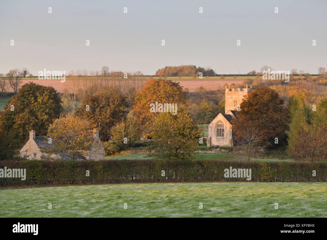St Philips Church in Little Rollright in the frosty autumn morning light at sunrise, Cotswolds, West Oxfordshire, England Stock Photo