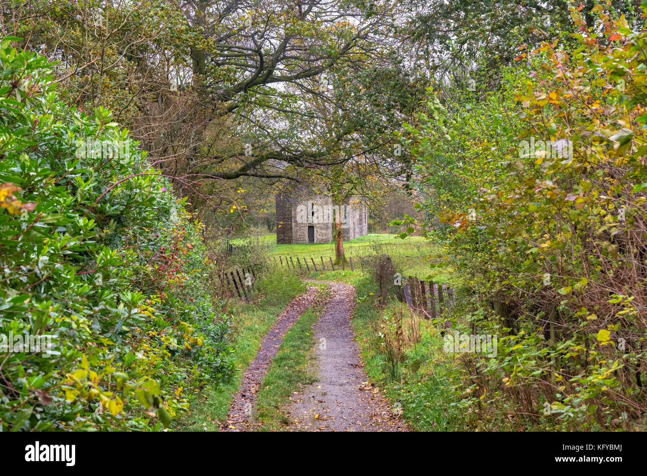 Castle Semple, Lochwinnoch, Scotland-October 28, 2017: Nature Trail at Castle Semple that also leads to the Collegiate Church or Chaple of the same na Stock Photo