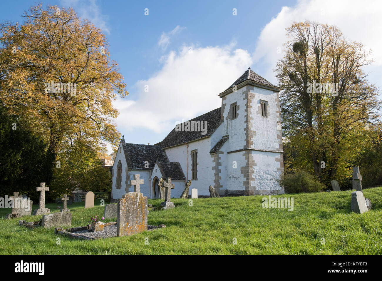 The 13th century Church of St Swithun at Compton Beauchamp in autumn. Vale of White Horse, Oxfordshire, England Stock Photo