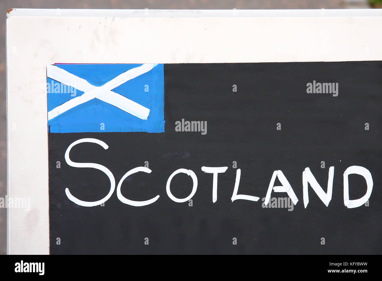 Scottish flag drawed on a blackboard in Edinburgh, Scotland. UK. Stock Photo