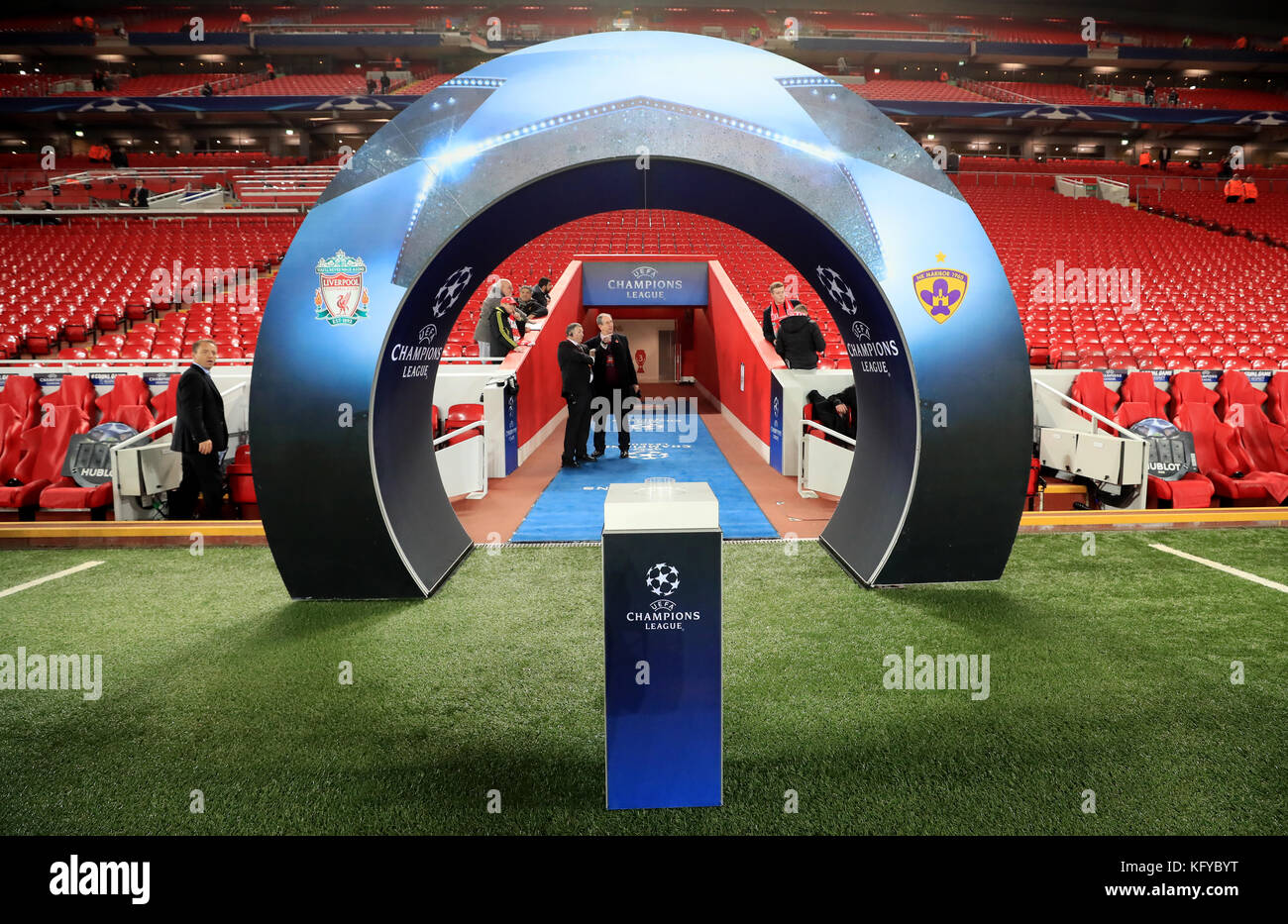 A general view of the Allianz Arena and UEFA Champions League branding  pitch side before the match Stock Photo - Alamy