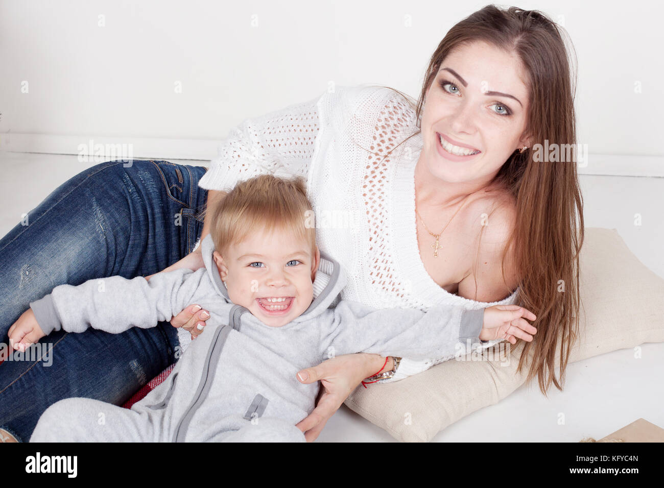 mother and son new year Christmas gifts Stock Photo - Alamy
