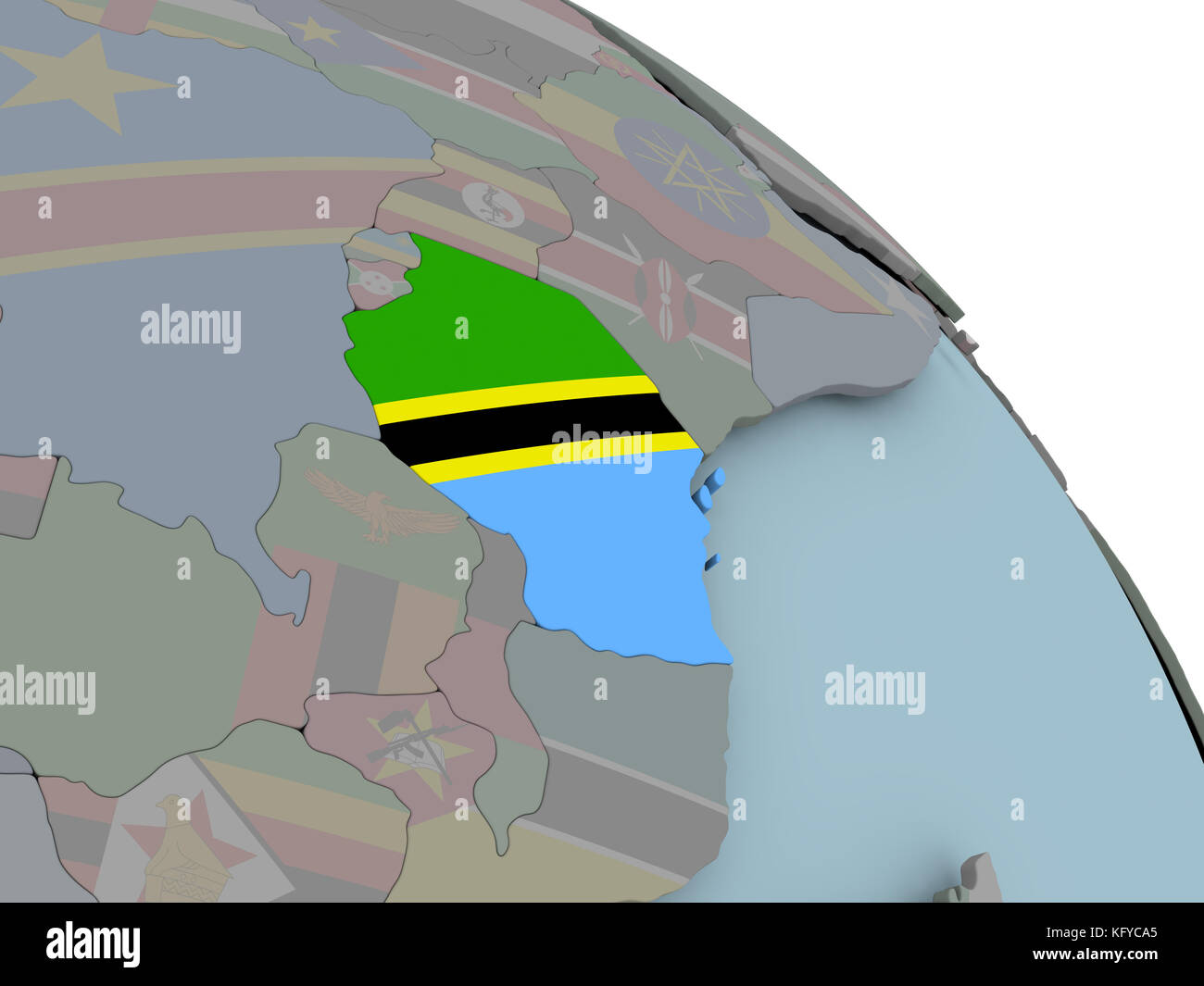 Illustration of Tanzania on political globe with embedded flags. 3D ...