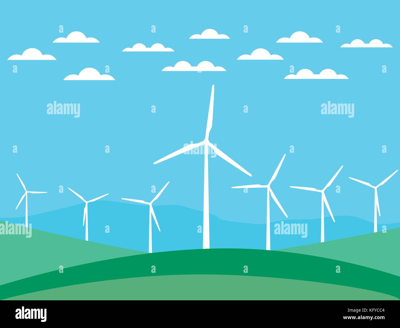 Wind turbine on green fields in a flat style. Renewable energy. Vector ...