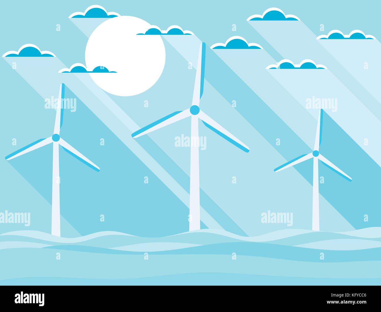 Wind turbines in the sea. Landscape in a flat style with a long shadow. Renewable energy. Vector illustration Stock Vector