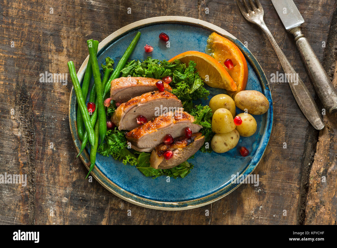 Roast duck fillets with orange marmalade and chilli glaze with boiled