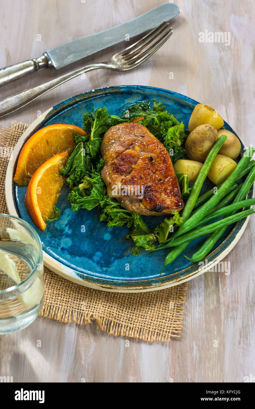 Roast duck fillets with orange marmalade and chilli glaze with boiled