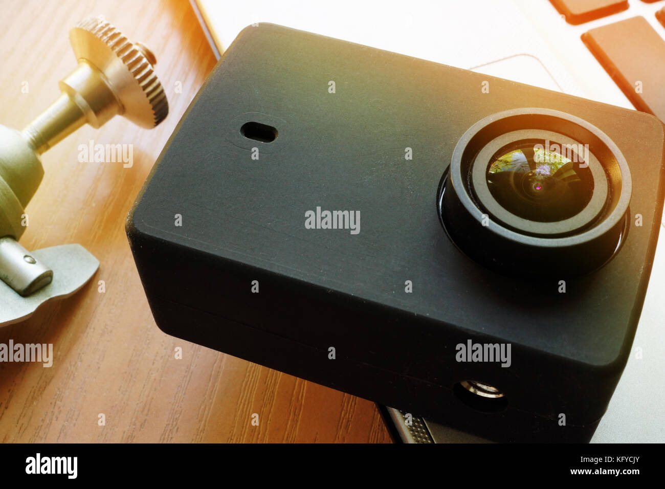 Action camera for vlog on a notebook. Video blogging concept. Stock Photo
