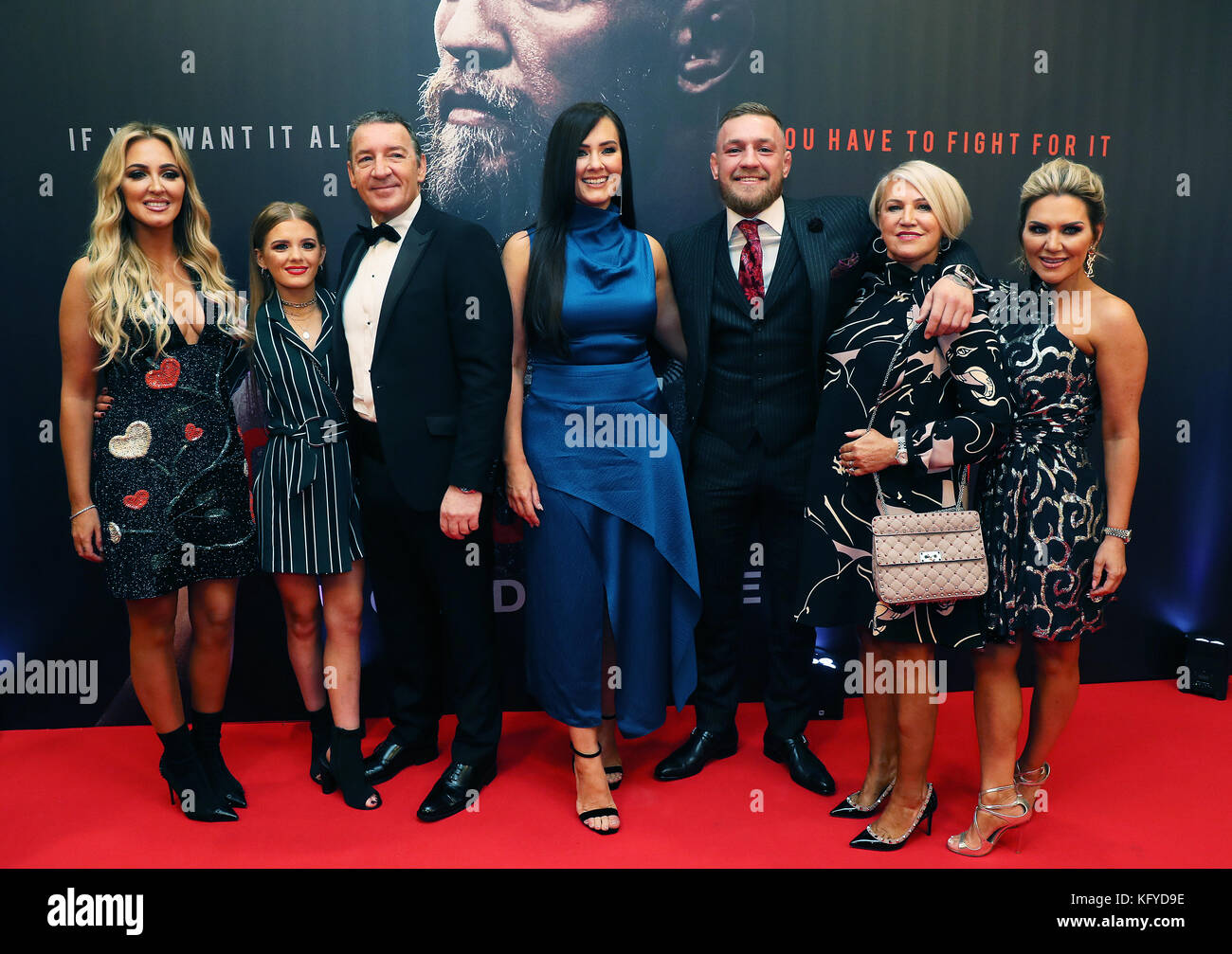 Conor McGregor with his partner Dee Devlin (centre), father Tony, mother Margaret, and sisters Erin (right) and Aoife (left) on arrival at the Conor McGregor: Notorious premiere at the Savoy Cinema in Dublin. Stock Photo