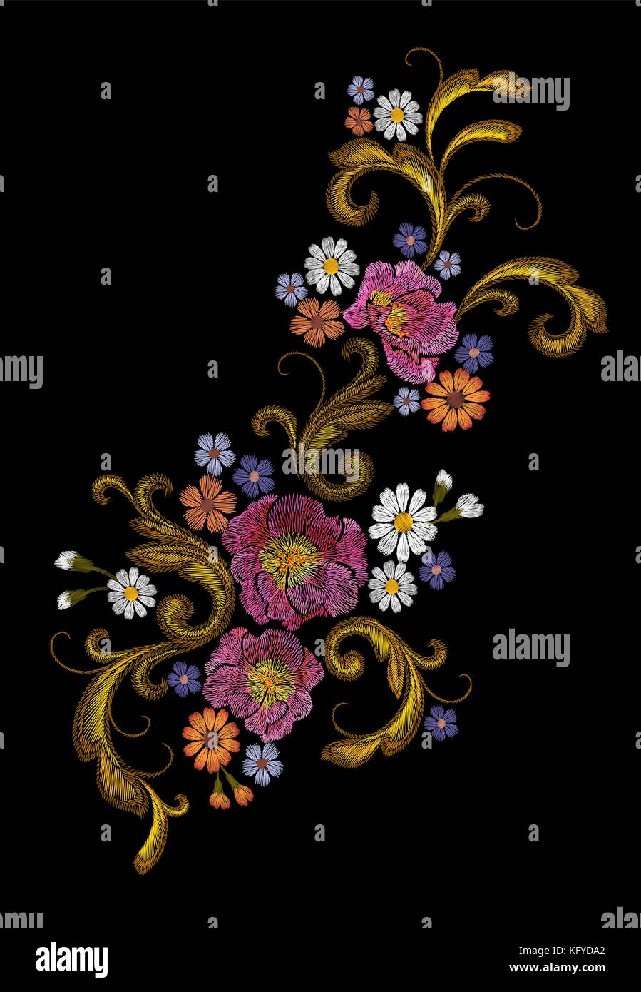 Realistic vector embroidery fashion patch. Flower rose daisy golden leaves vintage victorian design. Stitch texture floral arrangement clothes decoration illustration Stock Vector