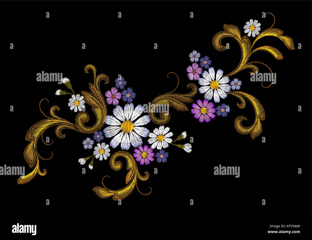 Realistic vector embroidery fashion patch. Flower daisy golden leaves vintage victorian design. Stitch texture floral arrangement clothes decoration illustration Stock Vector