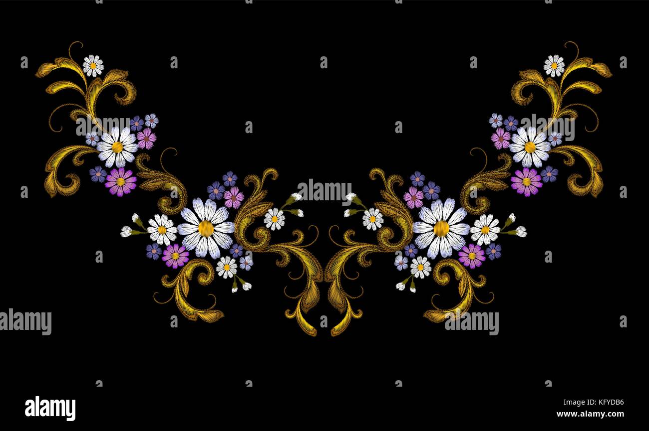 Realistic vector embroidery fashion patch. Flower daisy golden leaves vintage victorian symmetric design. Stitch texture floral arrangement clothes decoration illustration Stock Vector