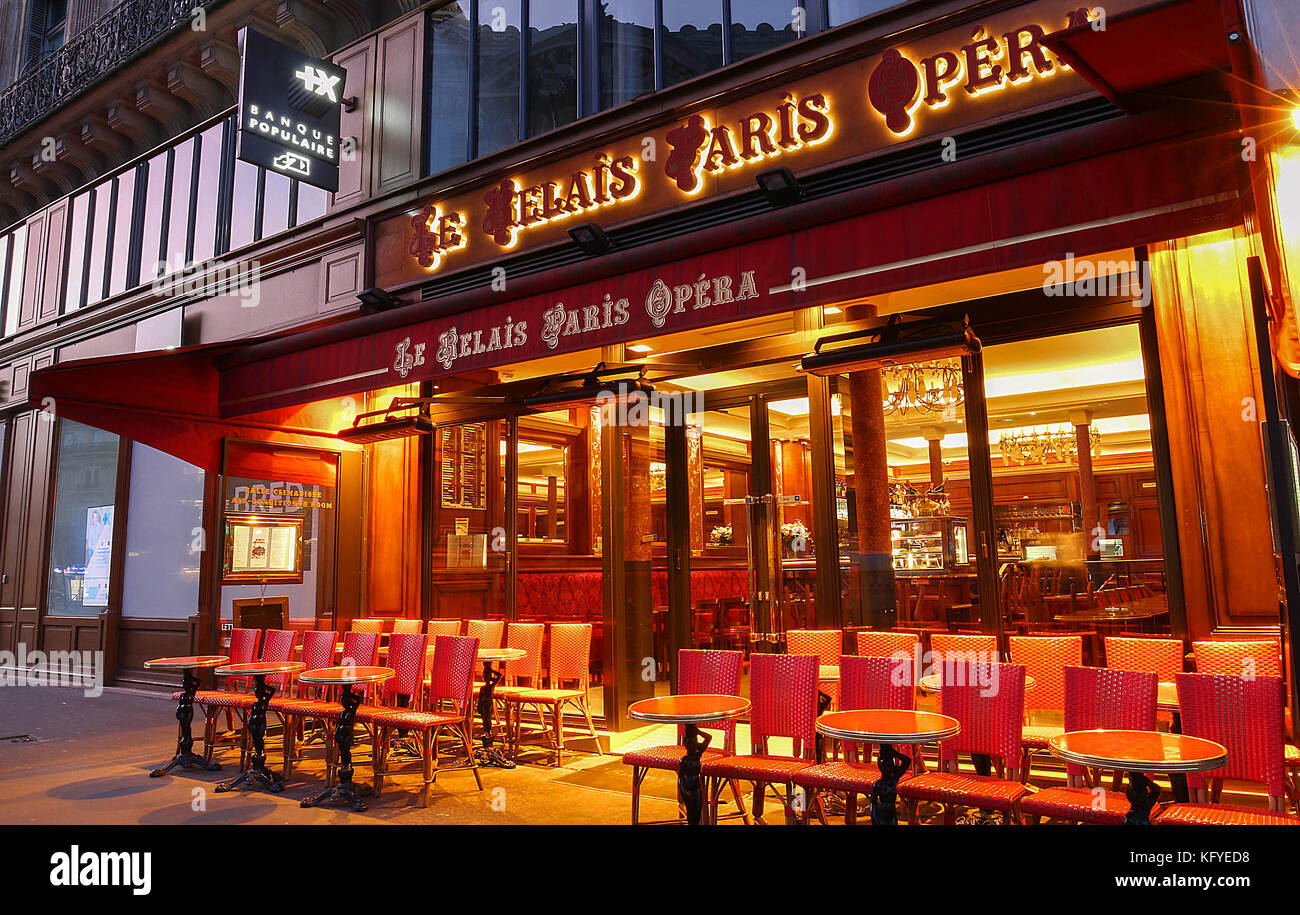 The traditional Parisian cafe Le relais Paris Opera located near Opera palace Garnier in Paris, France. Stock Photo