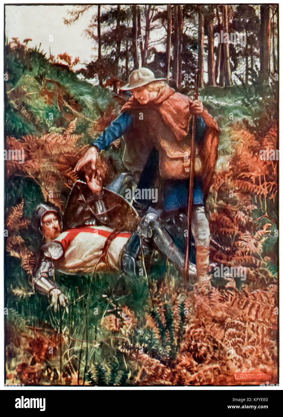 “Faithful helps Christian up after his fall” from ‘The Pilgrim’s Progress From This World, To That Which Is To Come’ by John Bunyan (1628-1688). Illustration by Byam Shaw (1872-1919) showing Christian being helped to his feet by a fellow pilgrim, Faithful. See more information below. Stock Photo