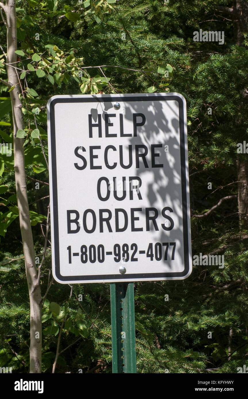 Grand Marais, Minnesota. Secure our border sign on a trail that leads to Canada through the Superior National Forest. Stock Photo