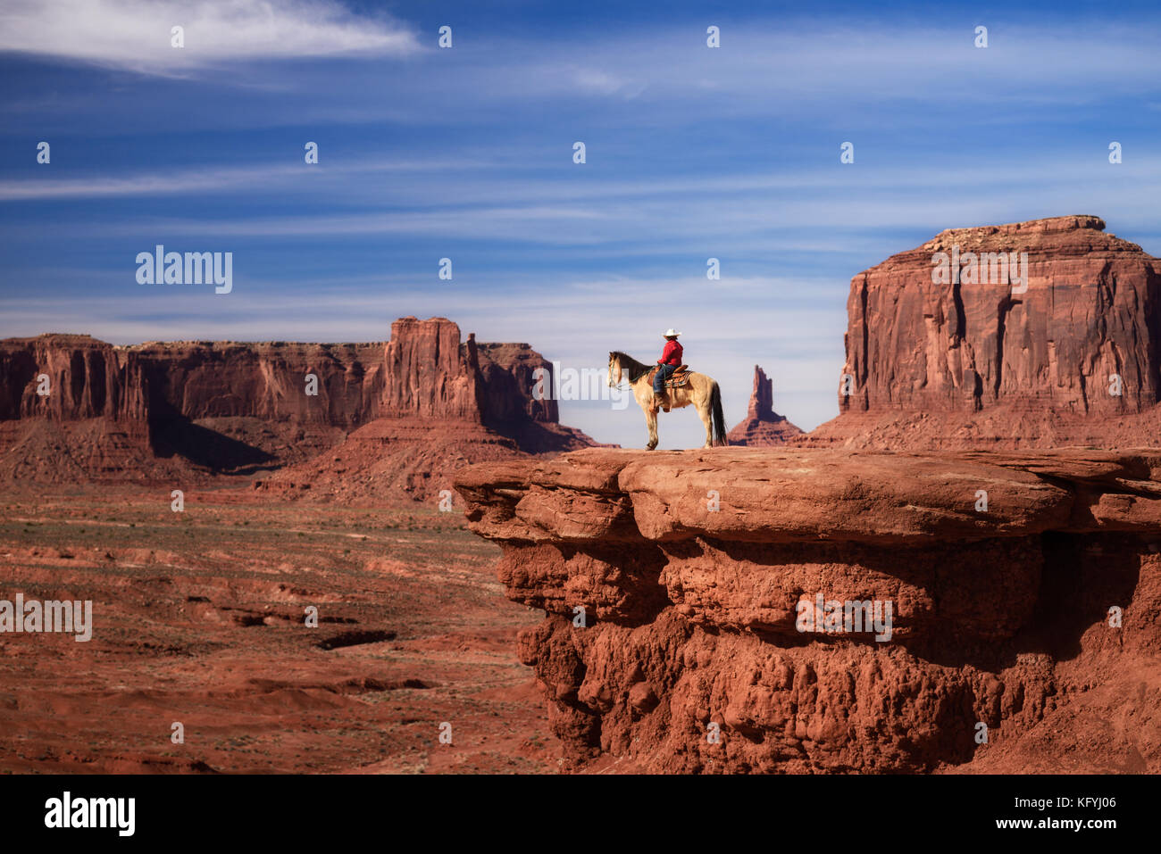 beautiful scene of Native American sitting on a horse in Monument Valley, Utah - Arizona State, America. Stock Photo