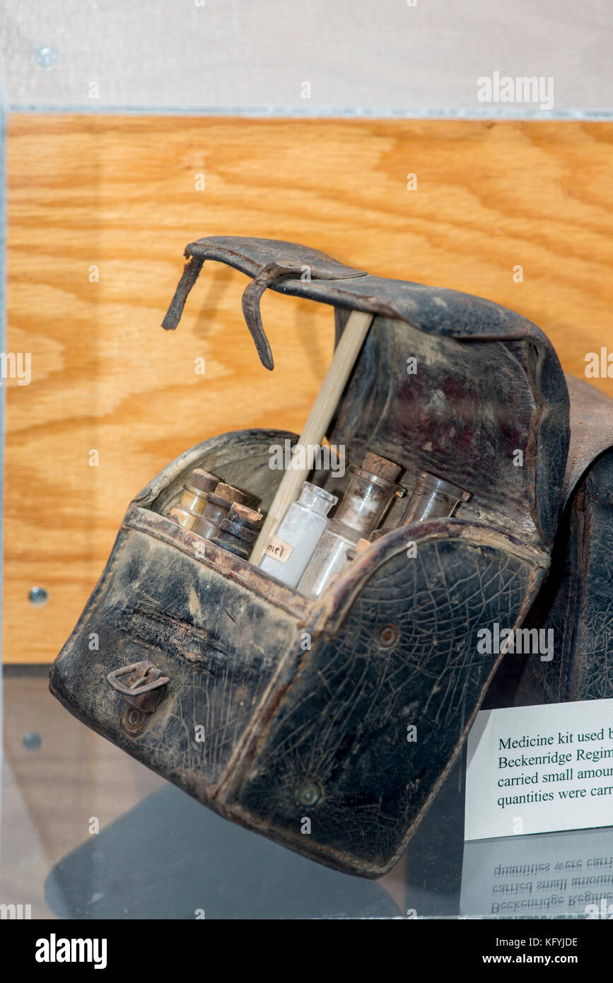 St. Joseph, Missouri. Civil war museum. Medicine kit used by a surgeon in the confederate army. Stock Photo