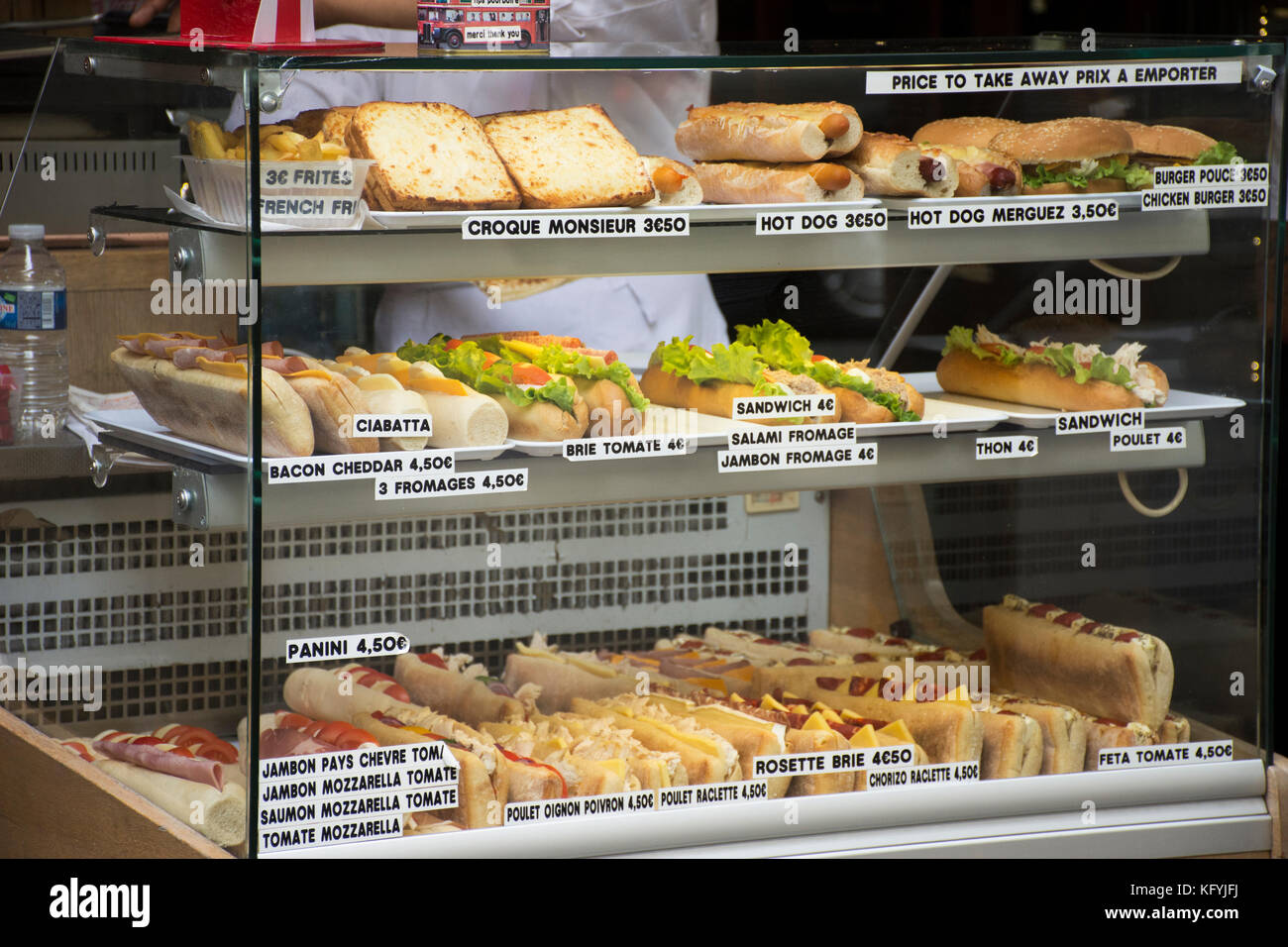 Sweet snack and sandwich french style for sale to people at restaurant in Paris, France Stock Photo