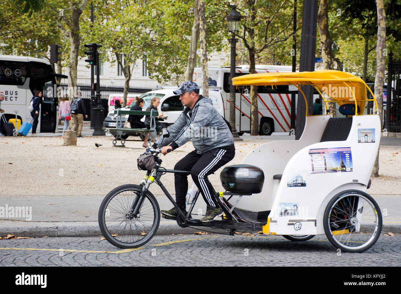French people biking bicycle rickshaw waiting travelers use service