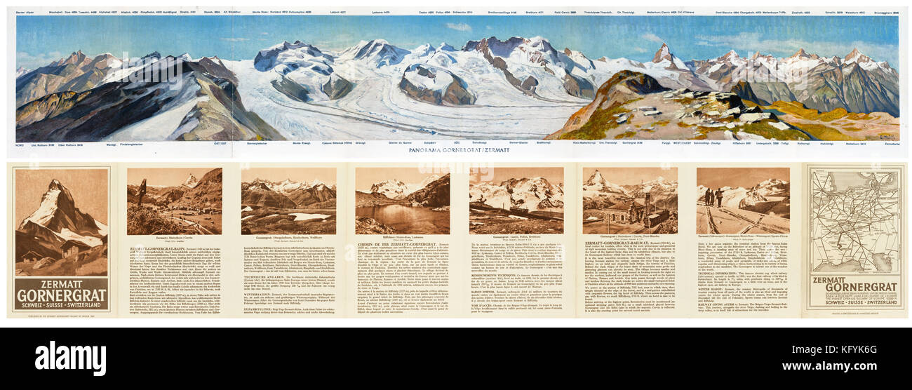1929 printed guide of the Zermatt-Gornergrat Railway at Brigue, Switzerland.  The panoramic painting on the inside is by Ernst Hodel.  The guide stat Stock Photo