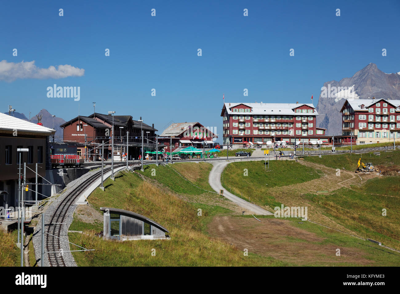 Rail station and train tracks at Kleine Scheidegg, Bernese Oberland, Switzerland Stock Photo