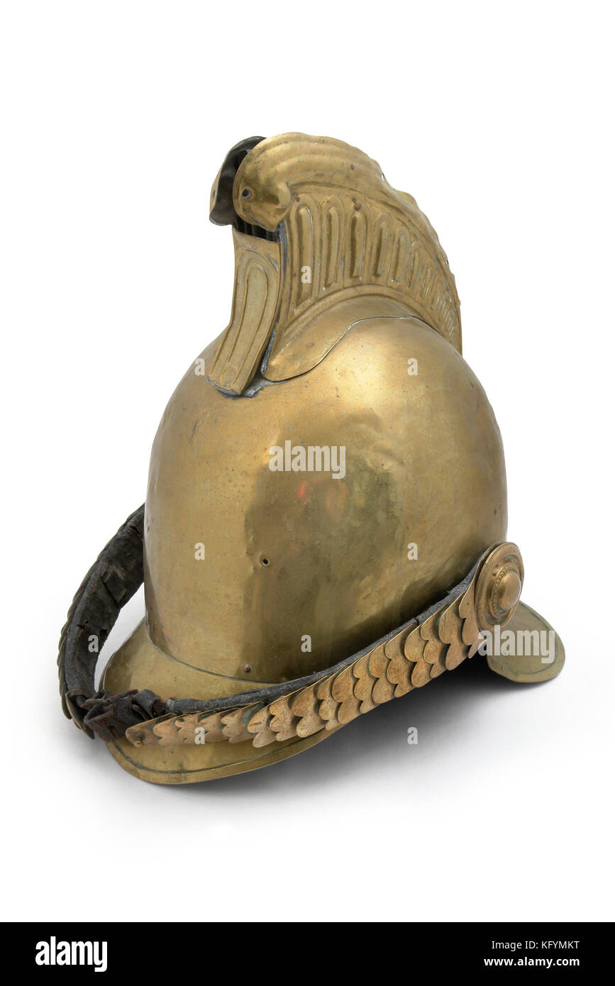 French old helmet for fireman isolated on white. France. The 19th centrury. (?) Stock Photo