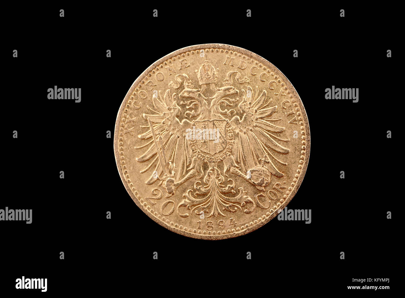 Austria-Hungary ancient gold coin (Franz-Joseph, 20 crown, 1894). Reverse (of coin). Stock Photo