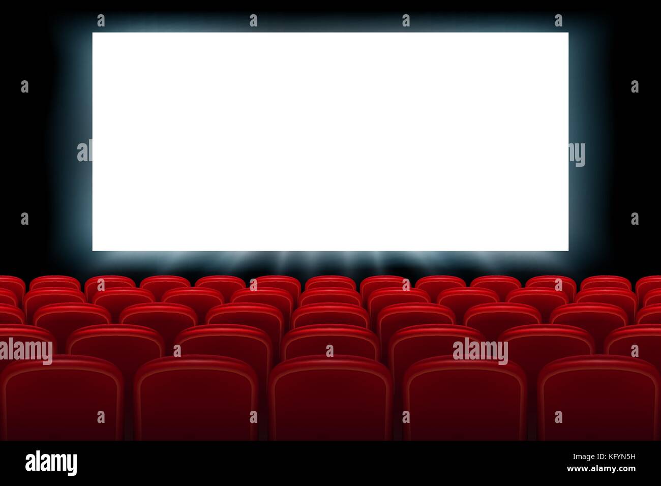 Realistic cinema hall interior with red seats. Cinema movie premiere poster design with empty white screen. Vector illustration. Stock Vector