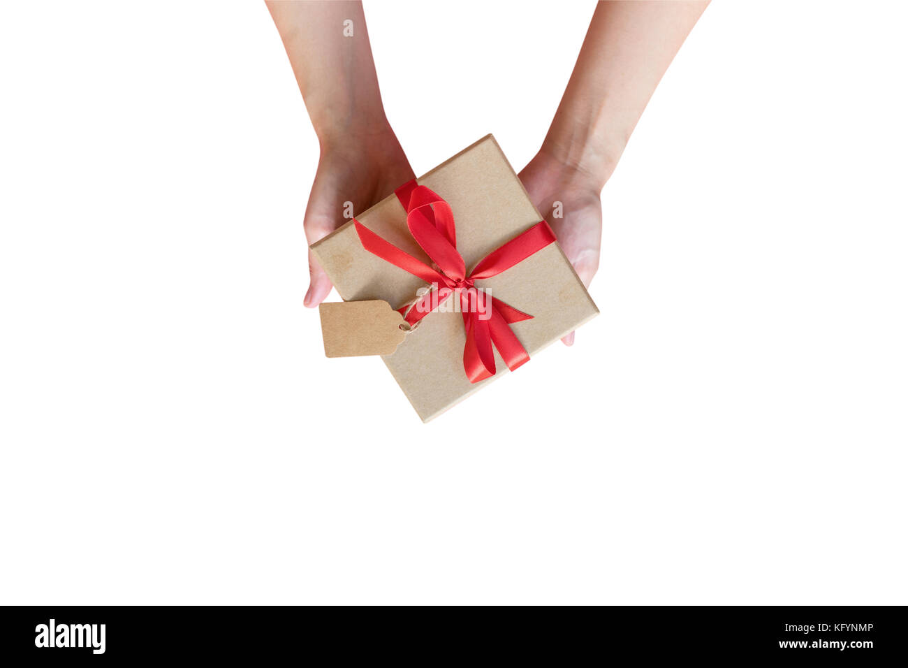 Close up hand woman holding gift box on isolated white with clipping path. Stock Photo