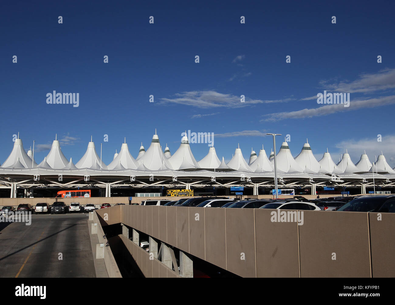 The Teflon-coated fiberglass roof of Denver International Airport resembles the Rocky Mountains. Stock Photo