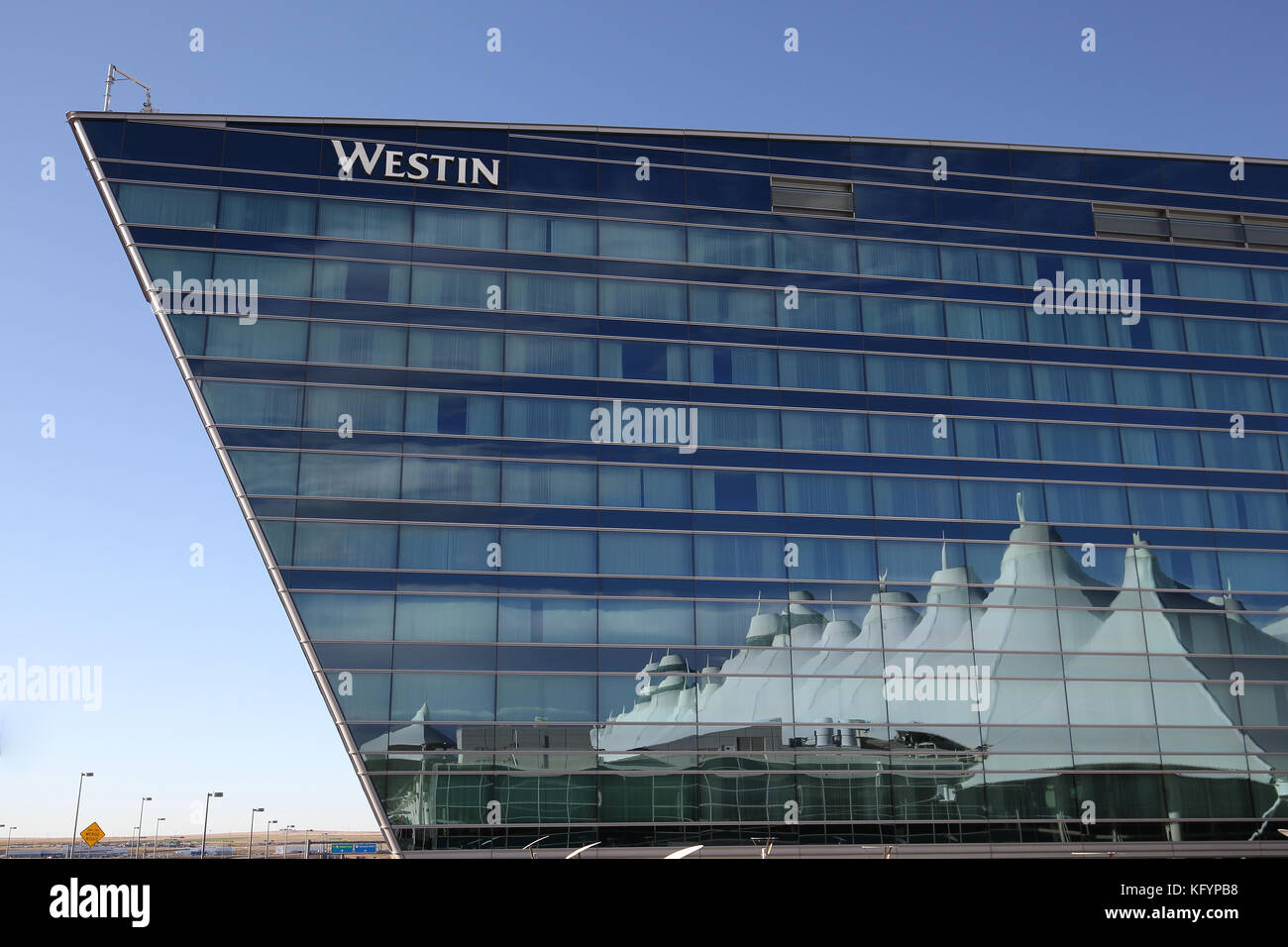 Denver International Airport iconic roof reflected in the Westin Hotel. Stock Photo