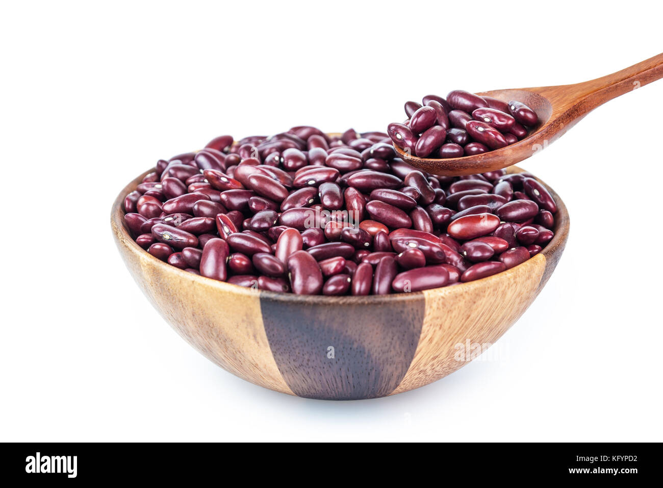 A photo of red beans ina wood bowl on isolate white background Stock Photo