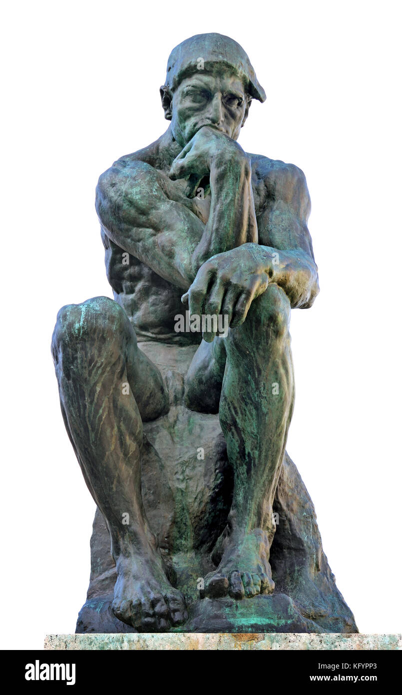 THE THINKER 1903 Bronze H. 180 cm ; W. 98 cm ; D. 145 cm François Auguste René Rodin 1840 –1917 ( known as Auguste Rodin ) was a French sculptor, Paris France French. ( Rodin's most original work departed from traditional themes of mythology and allegory, modeled the human body with realism, and celebrated individual character and physicality.) Stock Photo