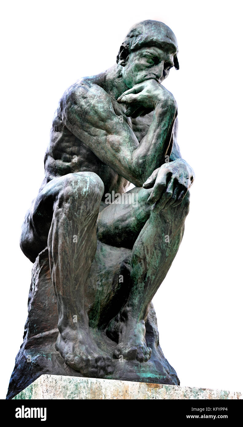 THE THINKER 1903 Bronze H. 180 cm ; W. 98 cm ; D. 145 cm François Auguste René Rodin 1840 –1917 ( known as Auguste Rodin ) was a French sculptor, Paris France French. ( Rodin's most original work departed from traditional themes of mythology and allegory, modeled the human body with realism, and celebrated individual character and physicality.) Stock Photo