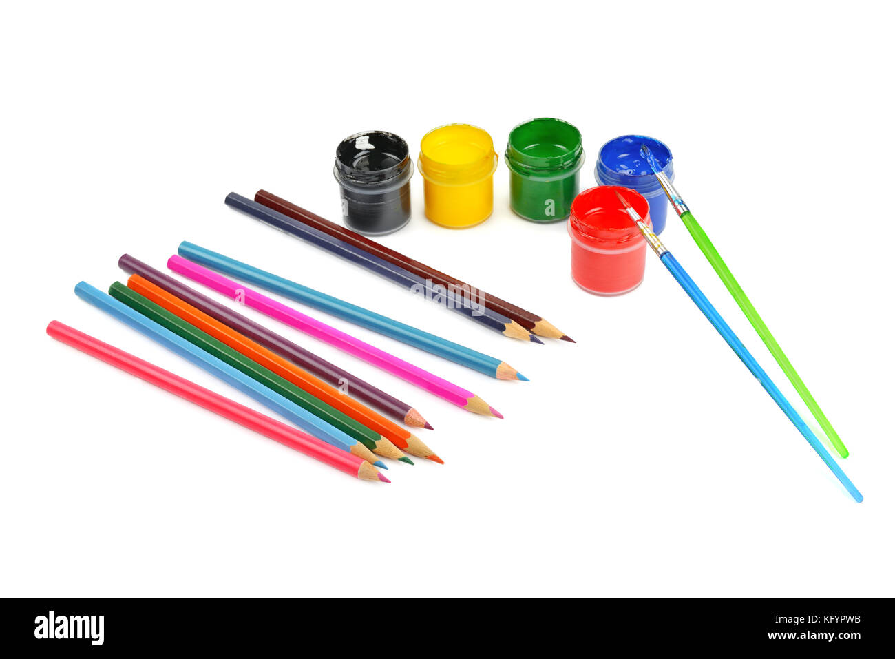 watercolor paint and colored pencils isolated on white background Stock