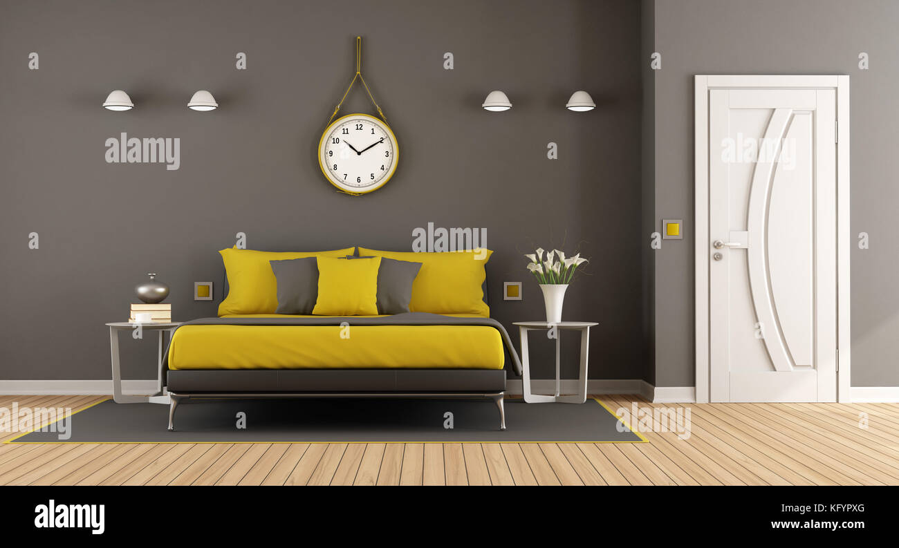Gray And Yellow Modern Master Bedroom With Double Bed And