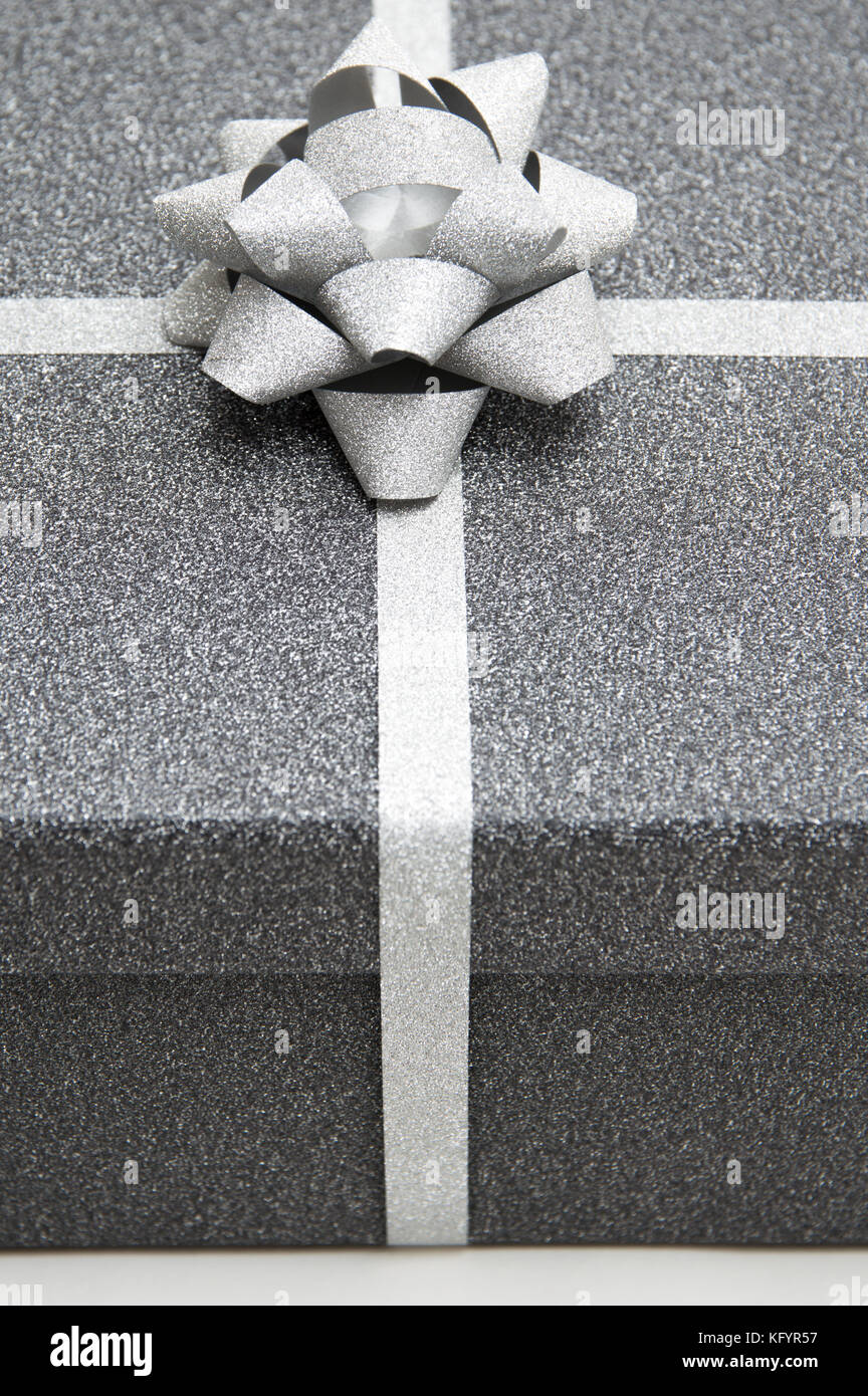 black gift box with silver ribbon Stock Photo Alamy