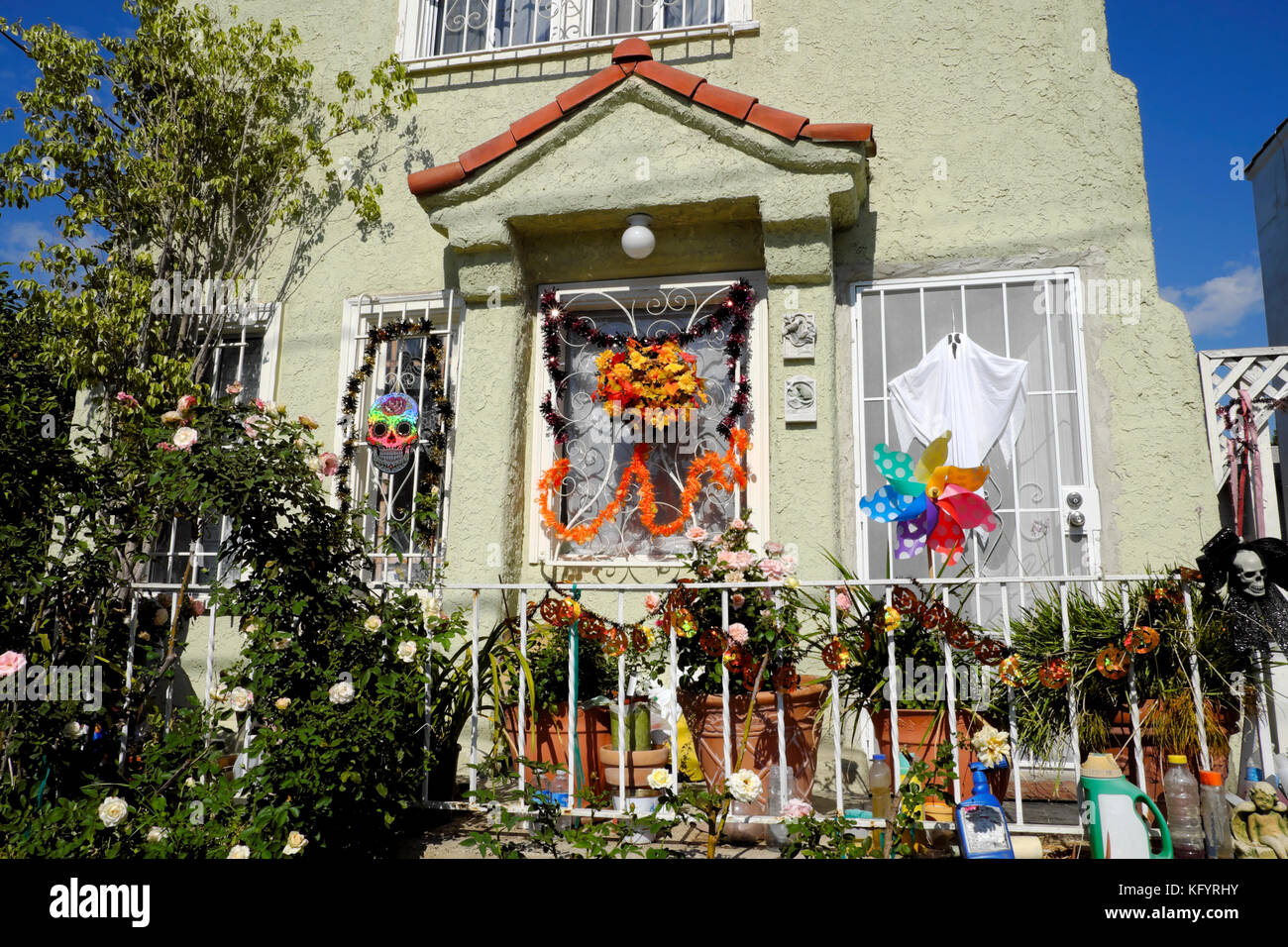Halloween decorations outside a home in Echo Park, East Los Angeles, California USA  KATHY DEWITT Stock Photo