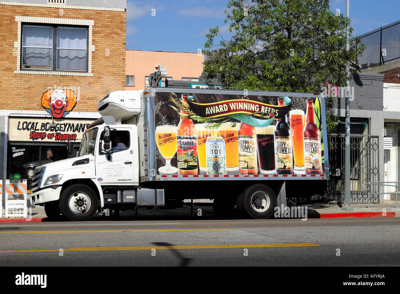 Award Winning Beers sign on the side of a delivery truck on Sunset Boulevard in East Los Angeles, California USA  KATHY DEWITT Stock Photo