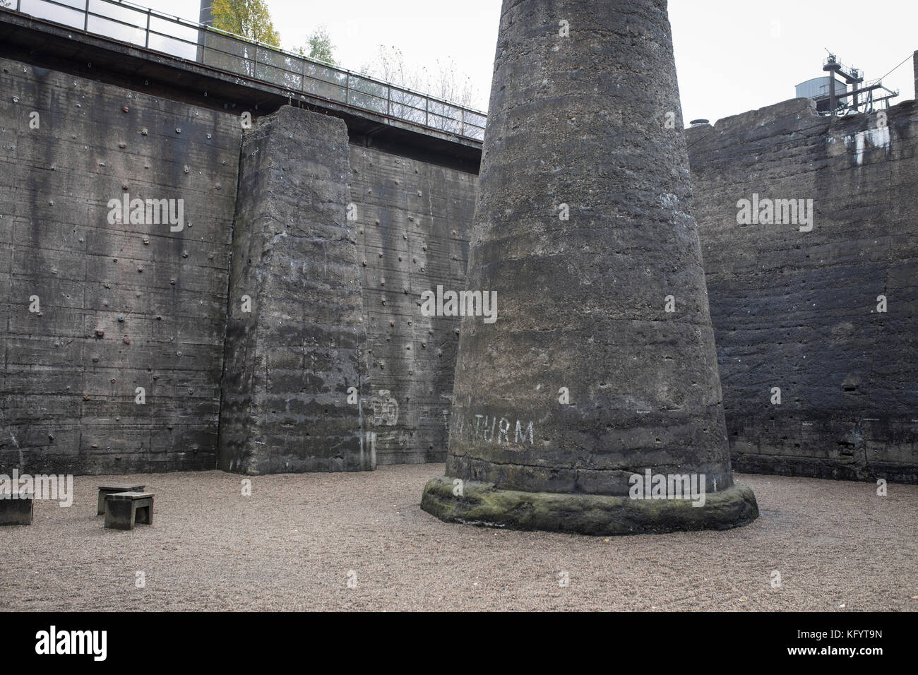 Concrete walls and towers at closed blast furnaces at the Landschaftspark Duisburg in Germany Stock Photo