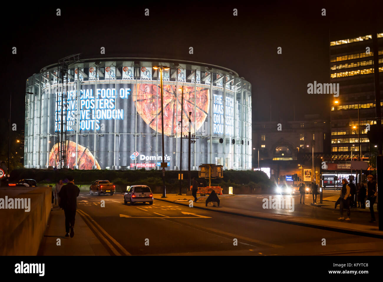 BFI IMAX cinema at night from Waterloo bridge, London, England, UK Stock Photo