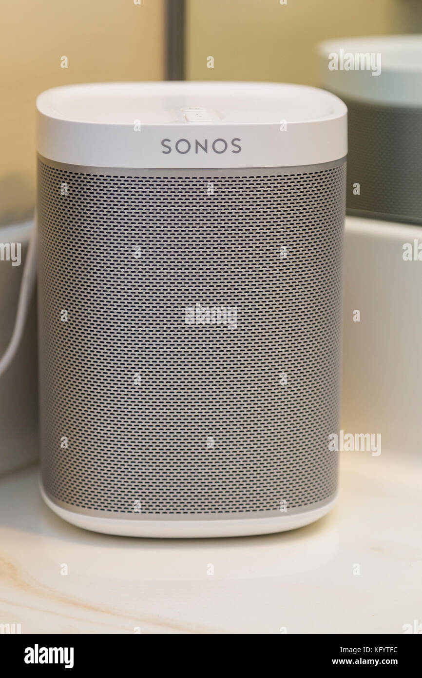 Sonos 1 wireless white speaker in bathroom on marble counter-top Stock - Alamy