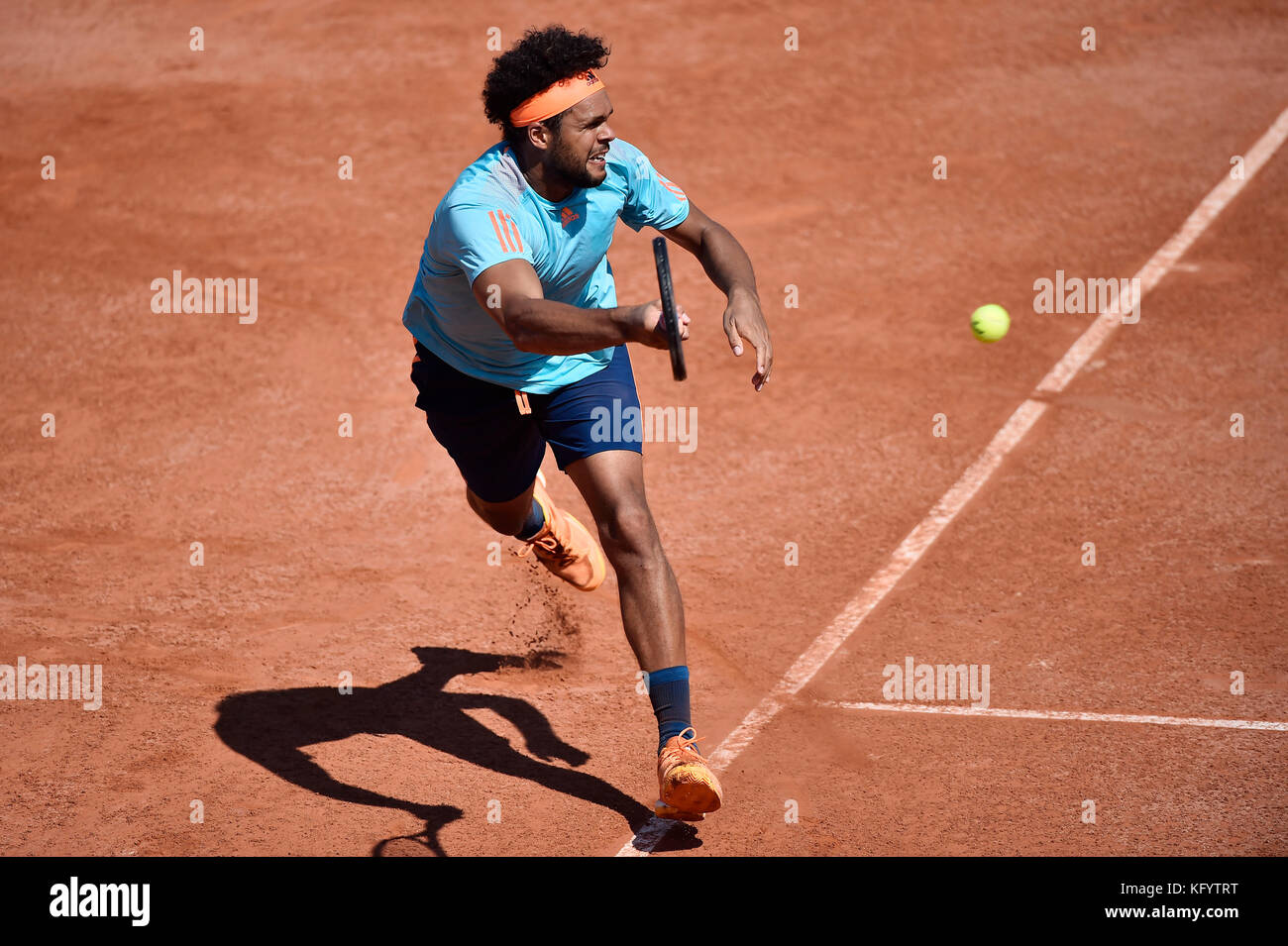 Lyon (south-eastern France), on 2016/05/26: professional tennis player Jo-Wildfried Tsonga won the semi-final match of the ATP World Tour 250 tourname Stock Photo
