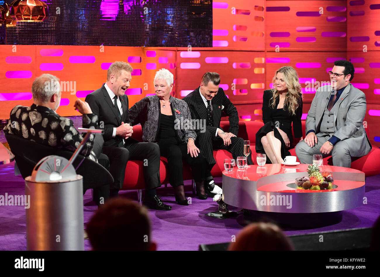 (From the left) Graham Norton, Sir Kenneth Branagh, Dame Judi Dench, Johnny Depp, Michelle Pfeiffer and Josh Gad appearing on the Graham Norton Show filmed at the London Studios, London. Stock Photo