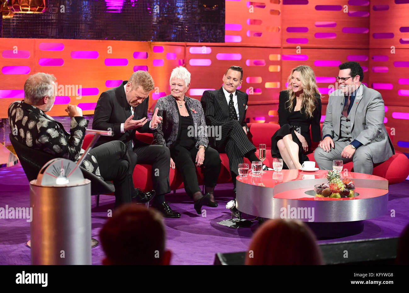 (From the left) Graham Norton, Sir Kenneth Branagh, Dame Judi Dench, Johnny Depp, Michelle Pfeiffer and Josh Gad appearing on the Graham Norton Show filmed at the London Studios, London. Stock Photo