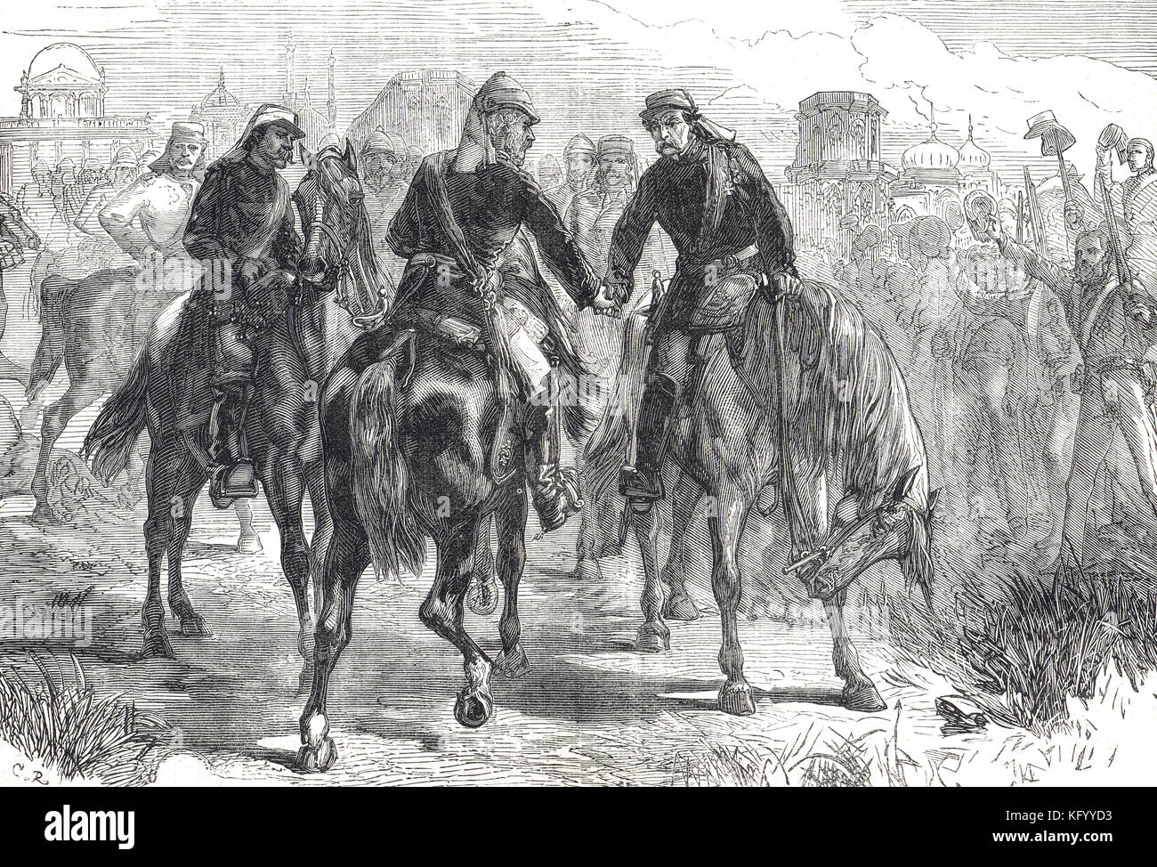 Meeting of the Generals, Sir Henry Havelock,Sir James Outram, Sir Colin Campbell, First relief of Lucknow, Indian Rebellion of 1857 Stock Photo