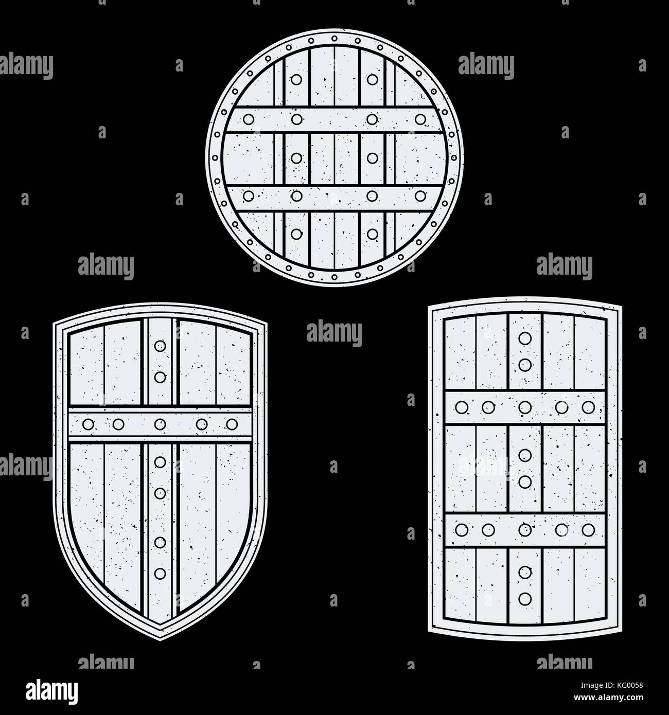 vector light monochrome solid design various medieval shields grunge textured cold steel arms set isolated on black background Stock Vector