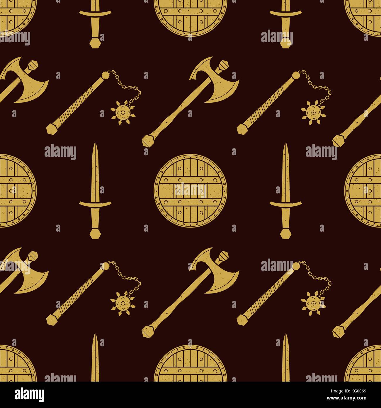 vector gold color solid design various medieval cold steel arms set seamless pattern isolated on dark brown background Stock Vector