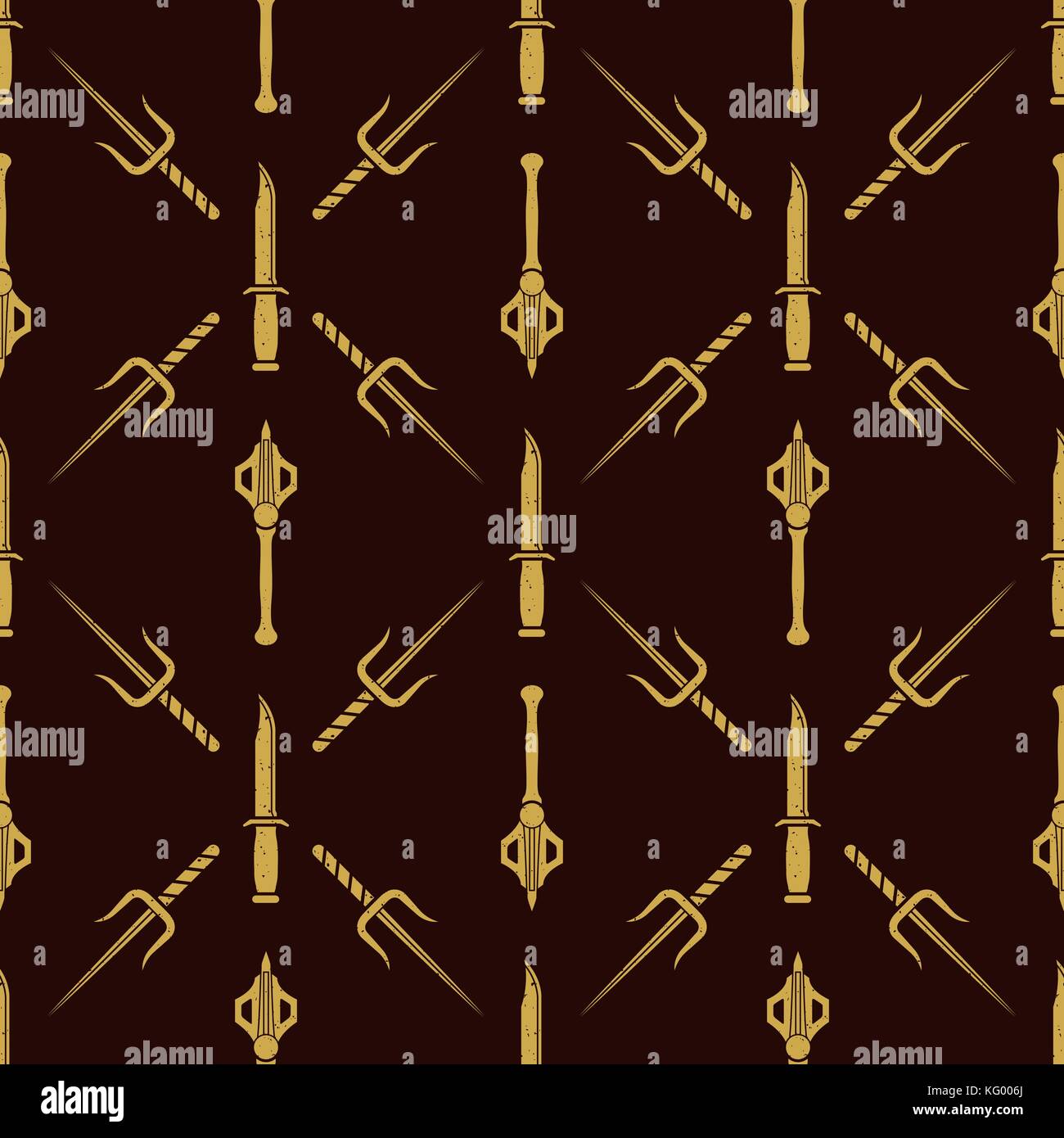 vector gold color solid design various medieval cold steel arms set seamless pattern isolated on dark brown background Stock Vector