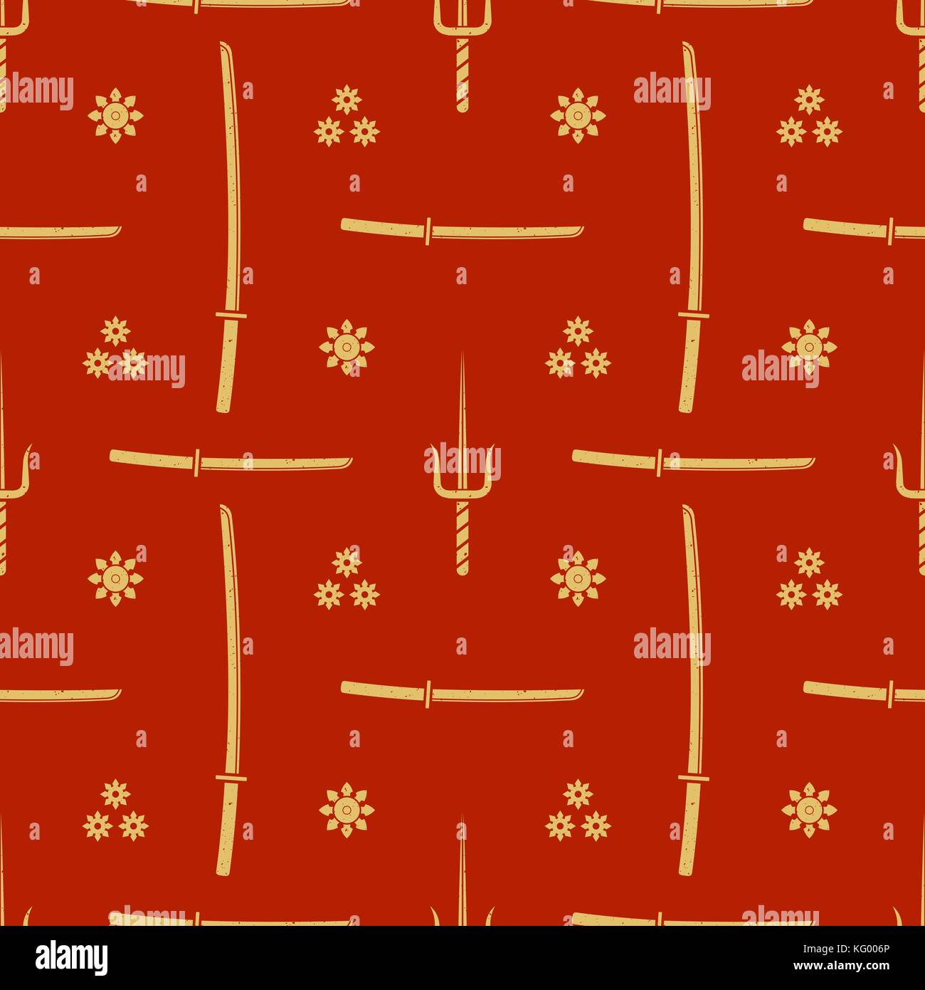 vector gold color solid design various Japanese cold steel arms seamless pattern isolated on red background Stock Vector